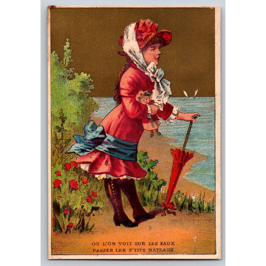 Girl in Dress, Hat & Parasol Looks Out Over Water Victorian Trade Card Soapine