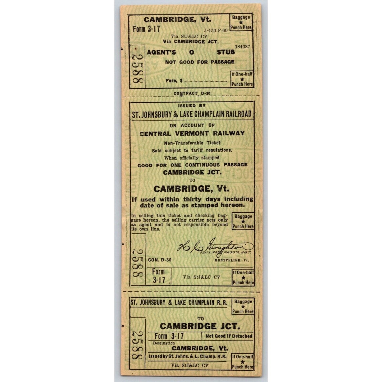 St. Johnsbury & Lake Champlain Railroad Cambridge Jct. Unused Ticket #2588