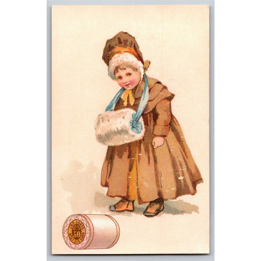 Girl in Winter Coat with Hand Muff Victorian Trade Card - JP Coats Thread