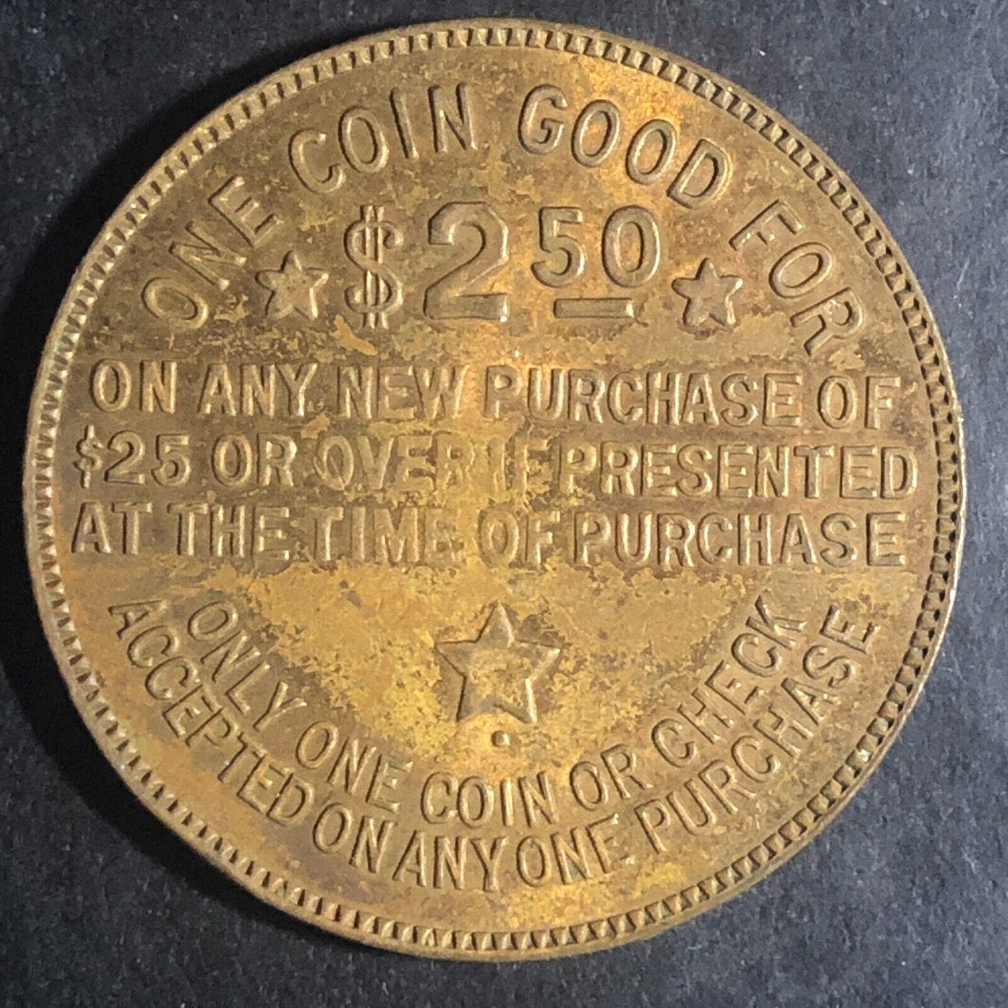 Dearborn, MI People's Outfitting Co. $2.50 Brass Token Gold Star 32mm
