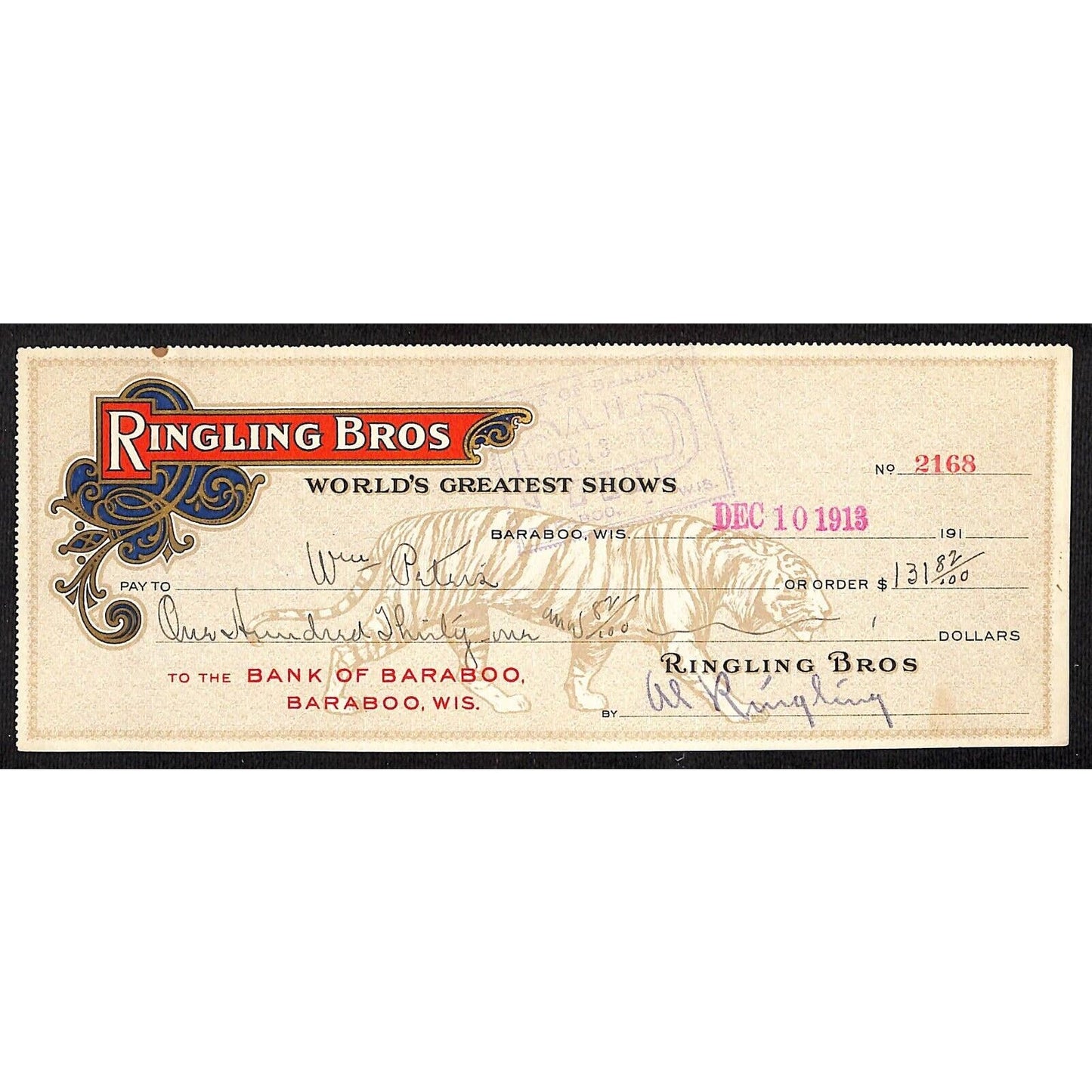 1913 Ringling Bros Bank Check Signed Al Ringling to William Peters (Bill Ketrow)