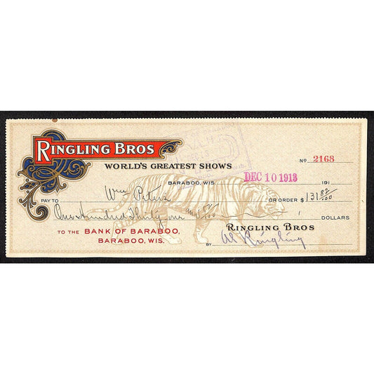 1913 Ringling Bros Bank Check Signed Al Ringling to William Peters (Bill Ketrow)