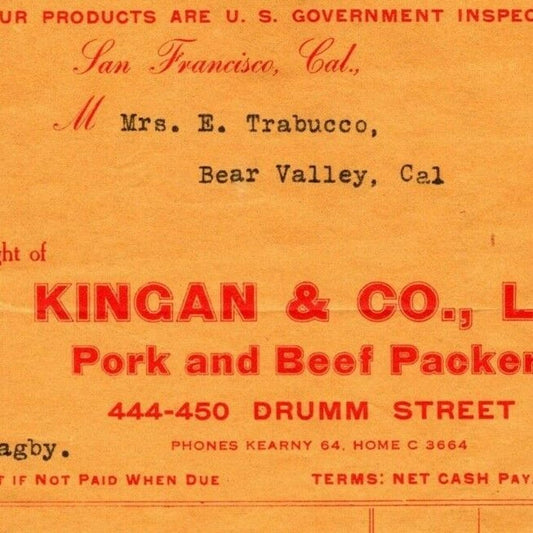 1912 Kingan & Co. Pork Bellies Bacon Hams and Beef Packers San Francisco Invoice