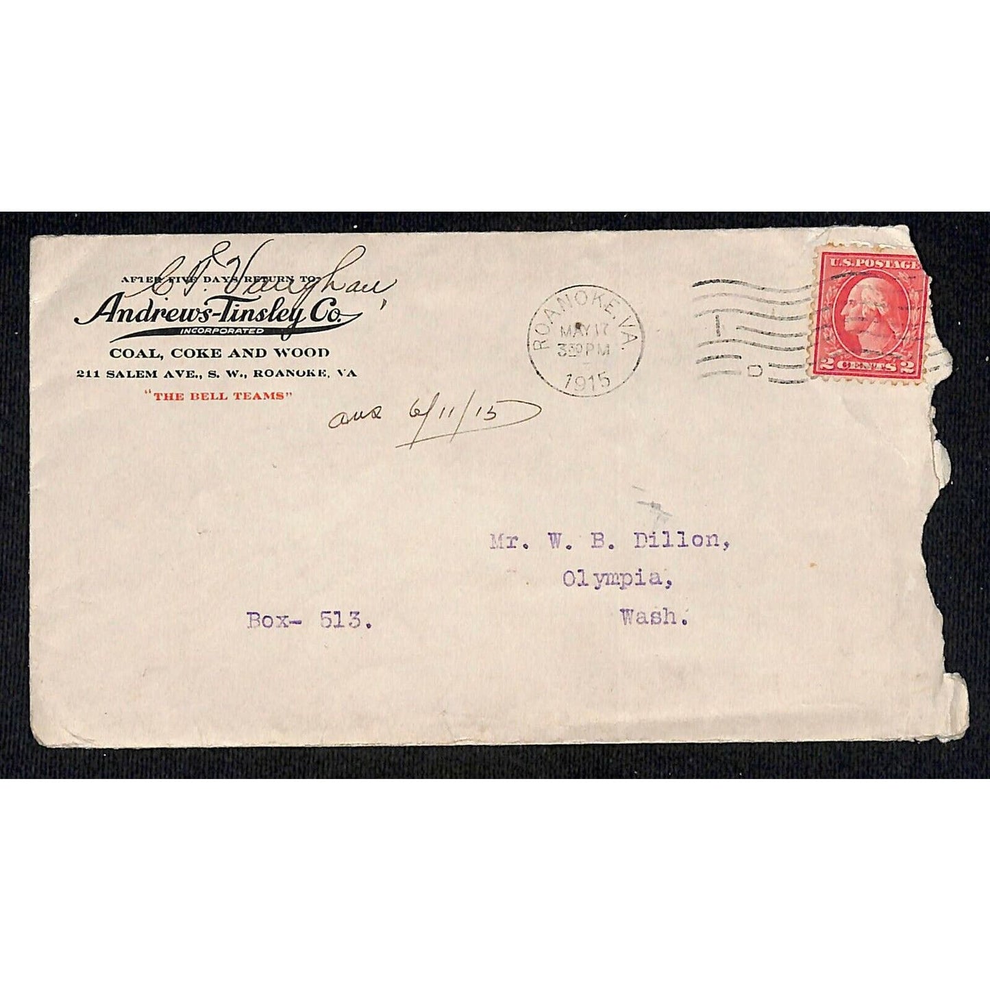 1915 Scarce 2 pg. Andrews-Tinsley Co. Coal Letterhead Roanoke, Virginia w/ Cover