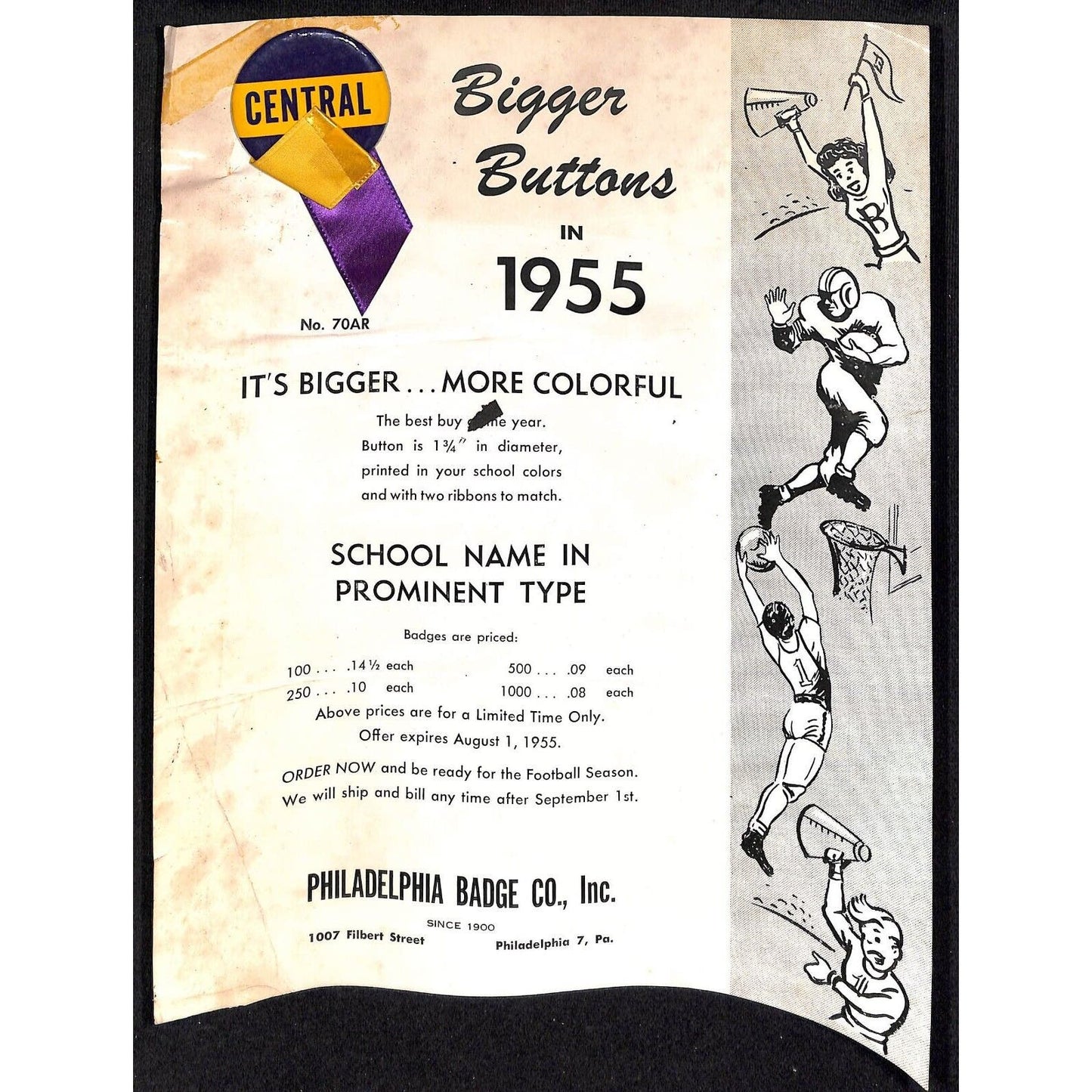 1955 School Sports Pinback Button on Catalog Salesman's Sample Sheet