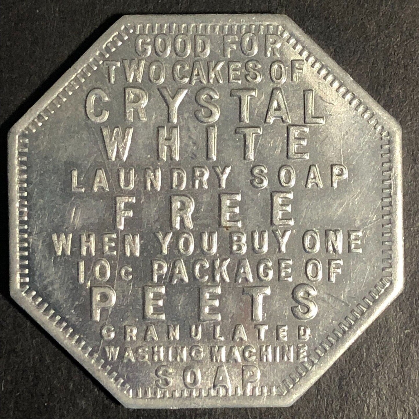 Crystal White / Peets Soap Aluminum Trade Token Free Hexagon 32.6mm c1926-30's