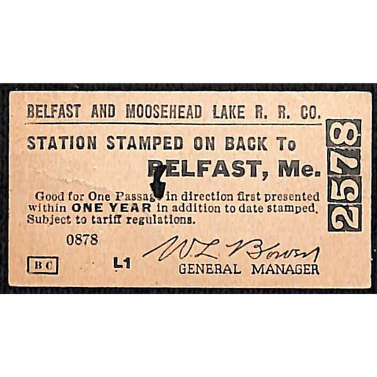 1957 Belfast and Moosehead Lake Railroad Ticket Brook, ME #2578