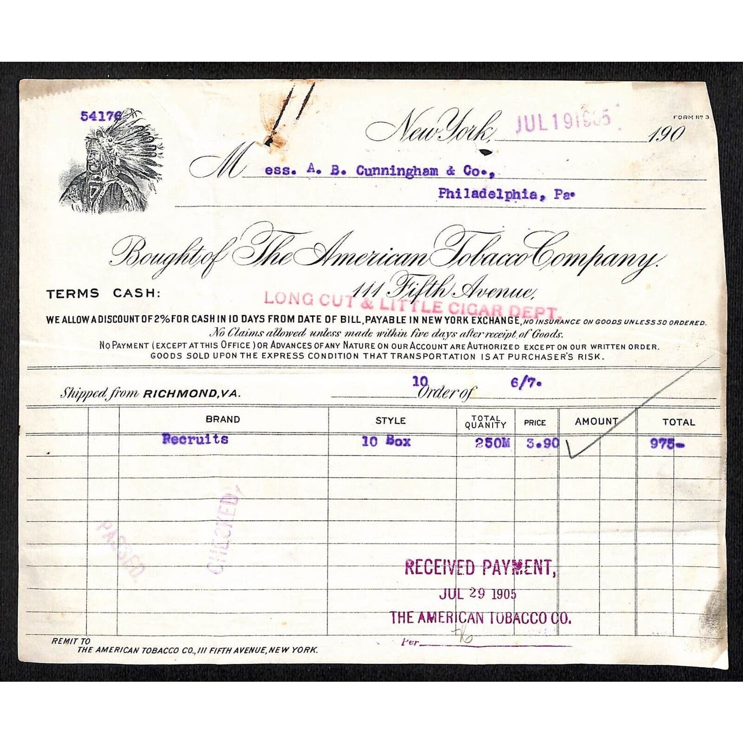 American Tobacco Co. 5th Ave NYC 1905 Billhead Indian Chief Vignette
