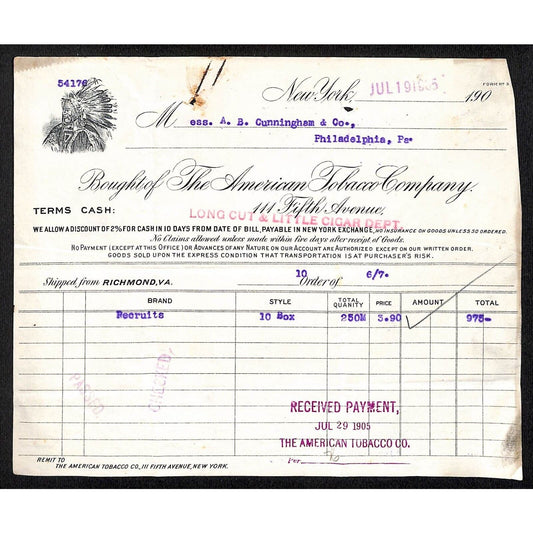 American Tobacco Co. 5th Ave NYC 1905 Billhead Indian Chief Vignette