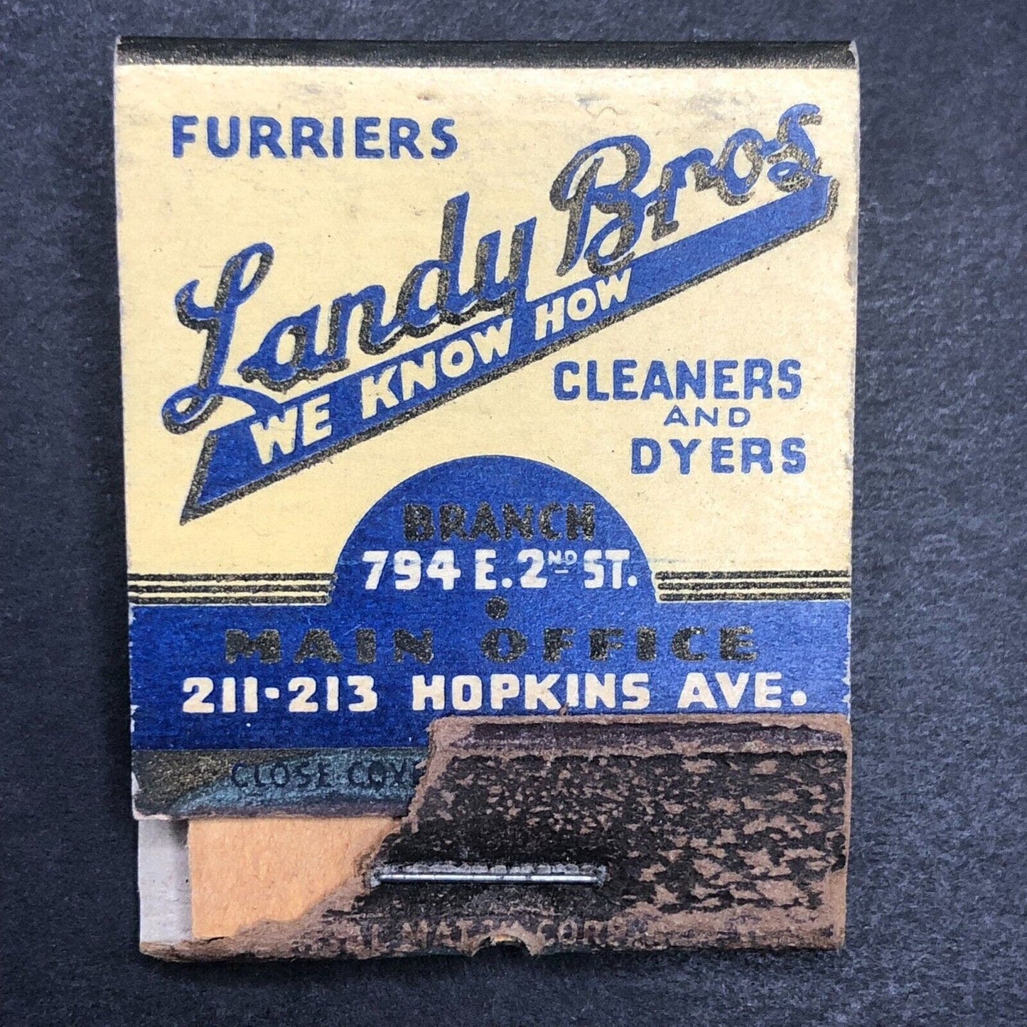 Landy Bros. Cleaners (Buffalo ?) Furriers Dyers Full Matchbook c1930's-40's VGC