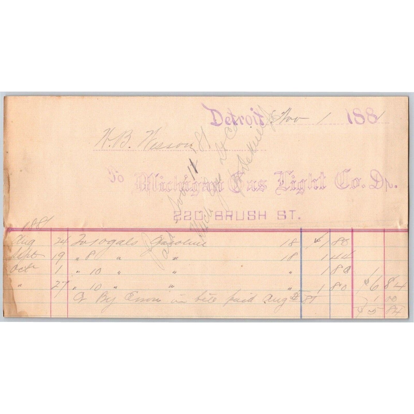 Detroit Letterhead "Michigan Gas Light Co." 220 Brush Street 1881