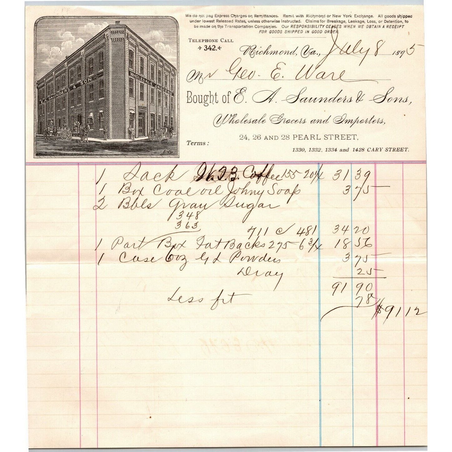 Richmond VA Letterhead E.A. Saunders & Son Tobacconist to Geo. E. Wear 1895