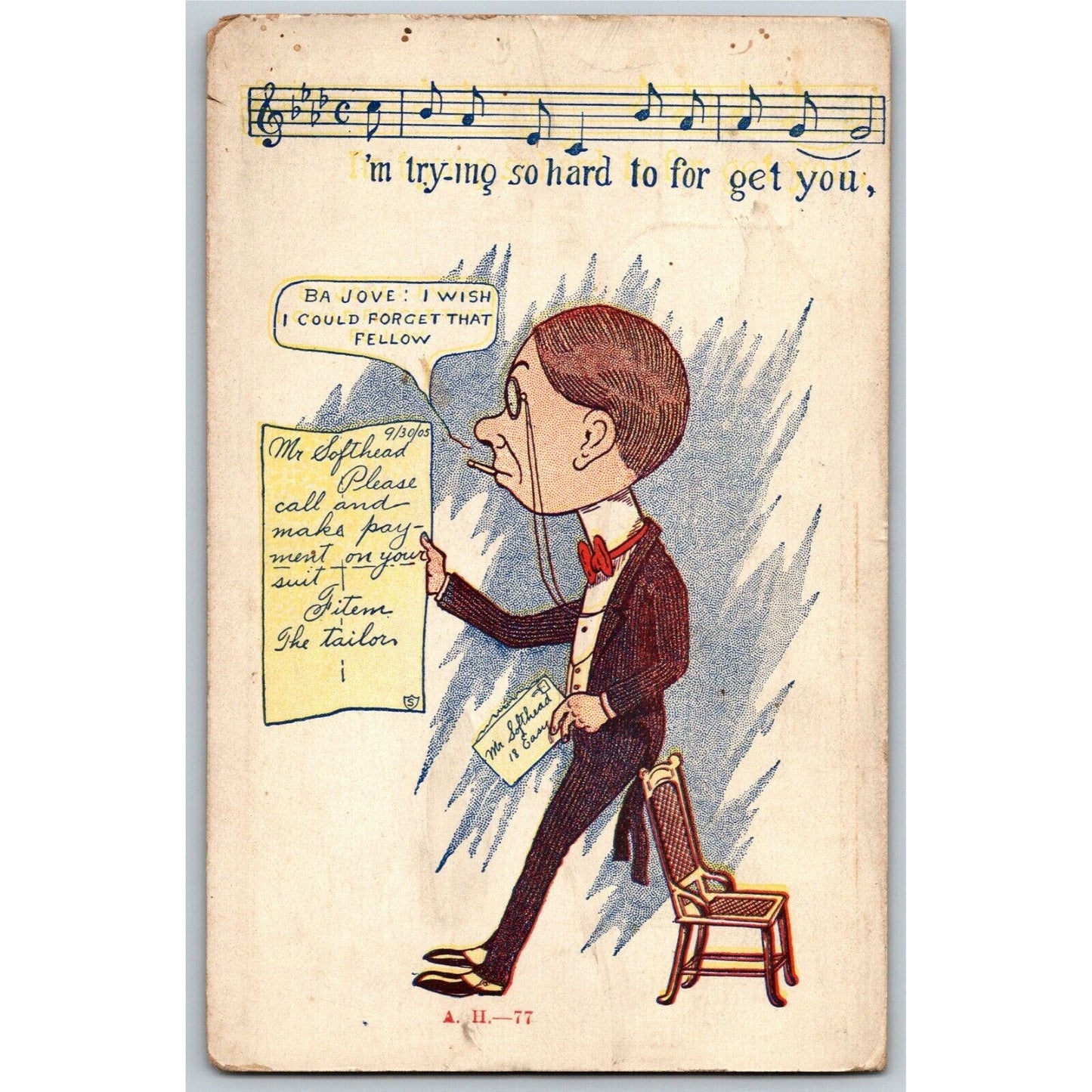 "Trying So Hard To For Get You" c1905 Undivided NP Comic Tailor Humor Postcard