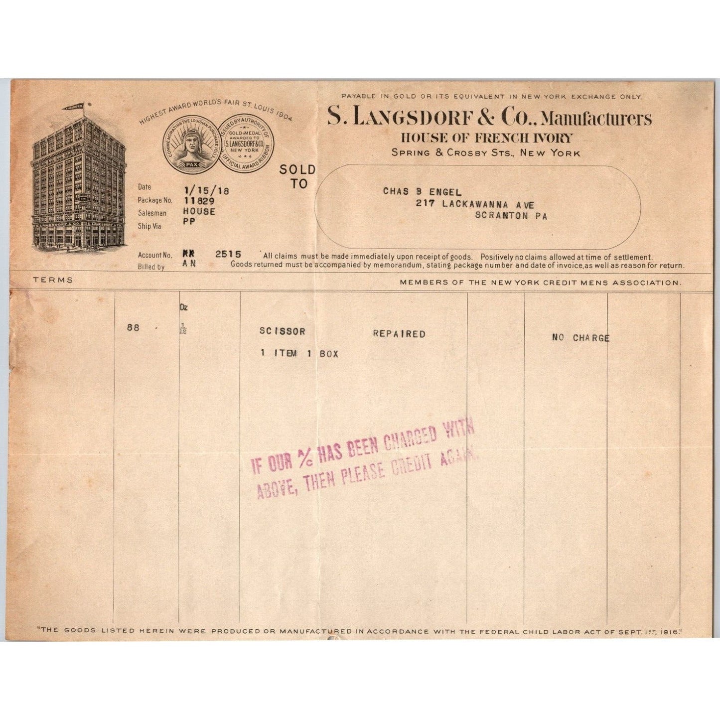 NYC Spring & Crosby Sts. - S. Langsdorf & Co. "Engel" 1918 Billhead Scarce