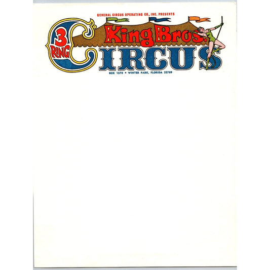 King Bros. 3 Ring Circus Letterhead Winter Park, FL Big Top c1965-69