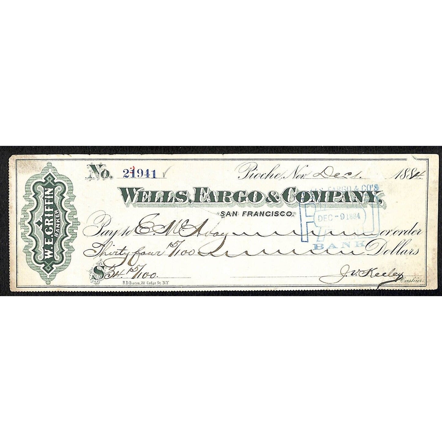 Wells Fargo & Co. San Francisco 1884 Bank Check E. McAvoy #21941 $34.15