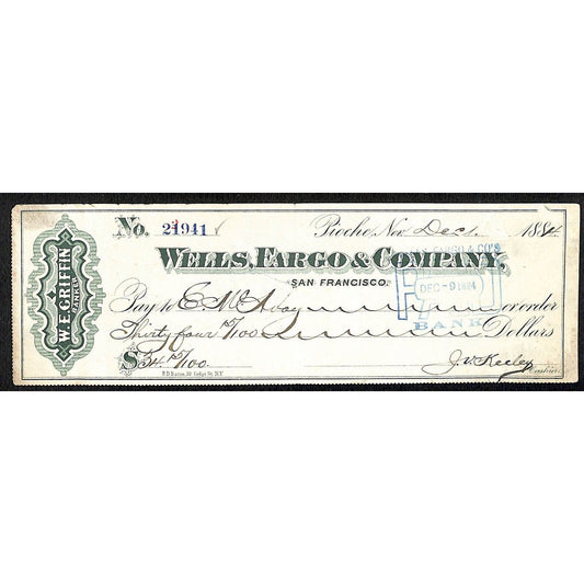 Wells Fargo & Co. San Francisco 1884 Bank Check E. McAvoy #21941 $34.15