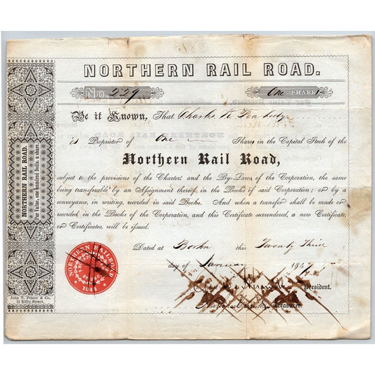 1847 Boston, MA Northern Railroad Stock Certificate LOW No. 229 for 1 Share