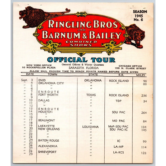 1945 Ringling Bros Barnum & Bailey Circus Route Card Oklahoma City Dallas