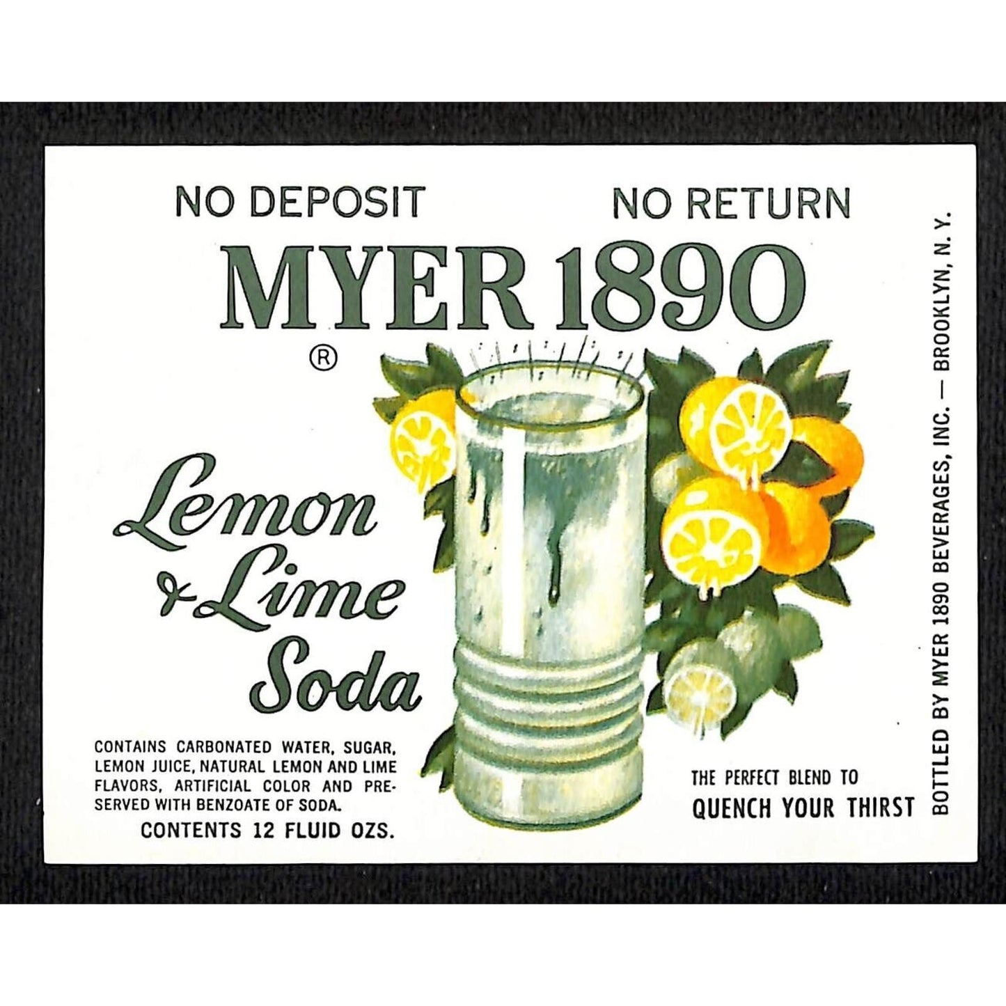 Myer 1890 Lemon & Lime Soda Brooklyn Paper Soda Label c1960 Scarce VGC