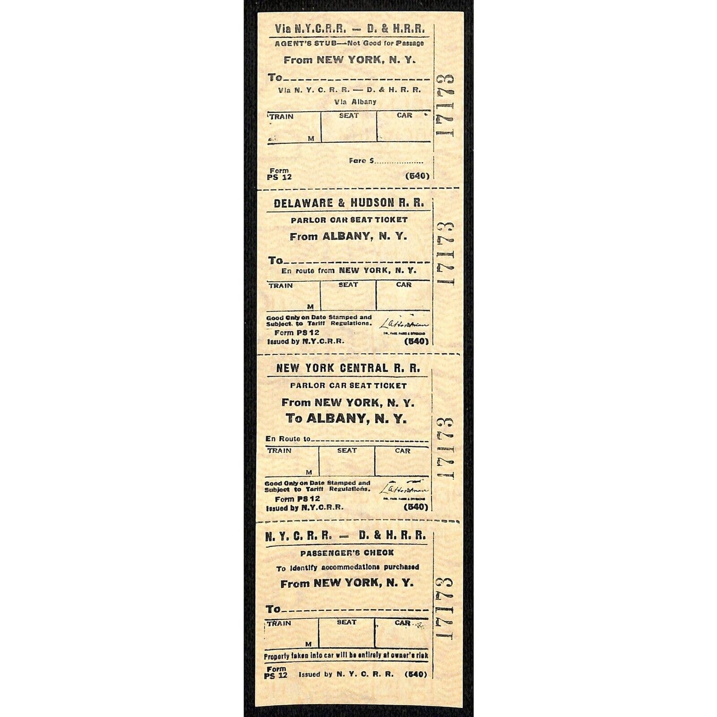 N.Y.C.R.R. - D. & H. R. R. New York / Albany SAMPLE Ticket c1960's Scarce #17173