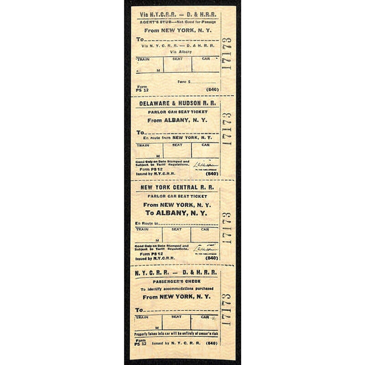 N.Y.C.R.R. - D. & H. R. R. New York / Albany SAMPLE Ticket c1960's Scarce #17173