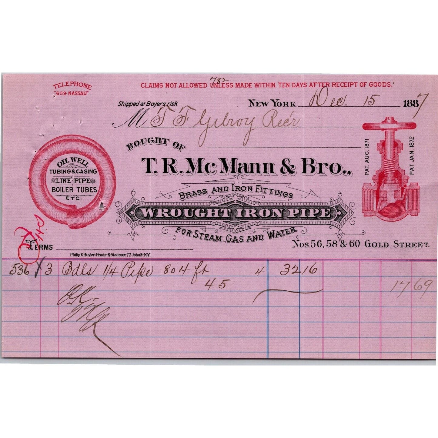 Dec 1887 T. R. Mc Mann & Bros., Brass Fittings Billhead Letterhead Gold St, NYC