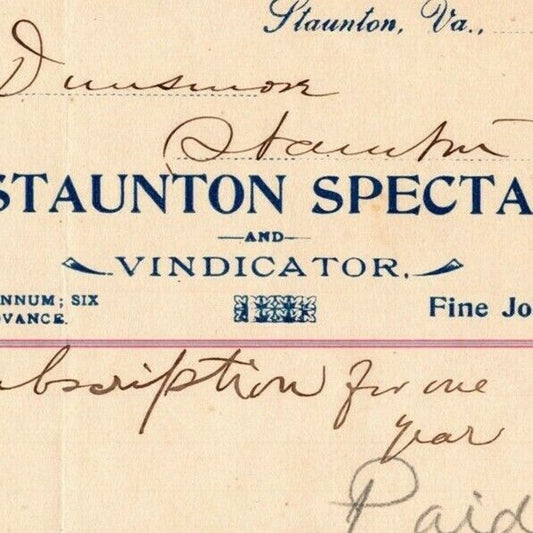 1904 Scarce Staunton Spectator and Vindicator Newspaper Billhead Letterhead VA