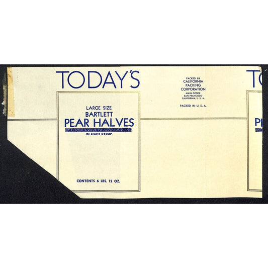1946 Paper Can Label Today's Bartlett Pear Halves California Packing w/ Gilt