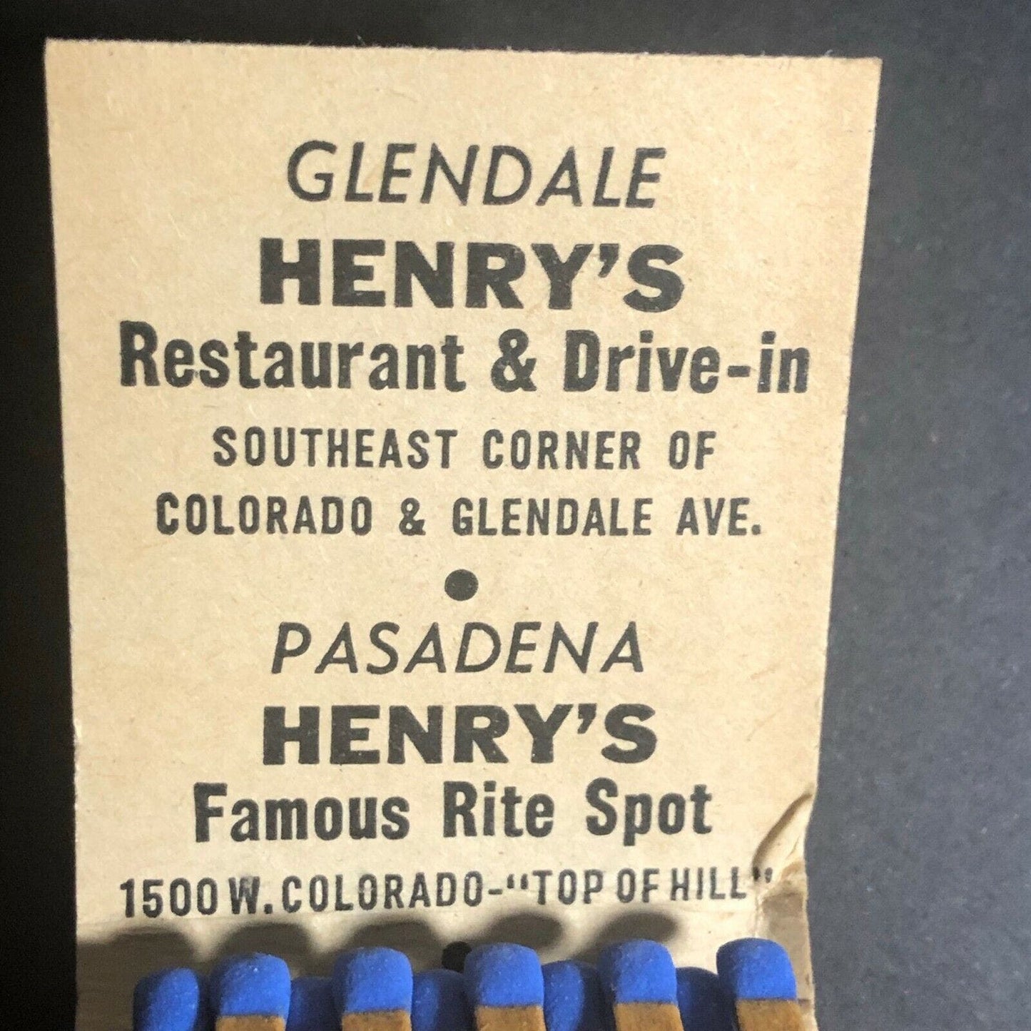 Scarce c1950's Full Matchbook Henry's Green Apple Pie Glendale Pasadena