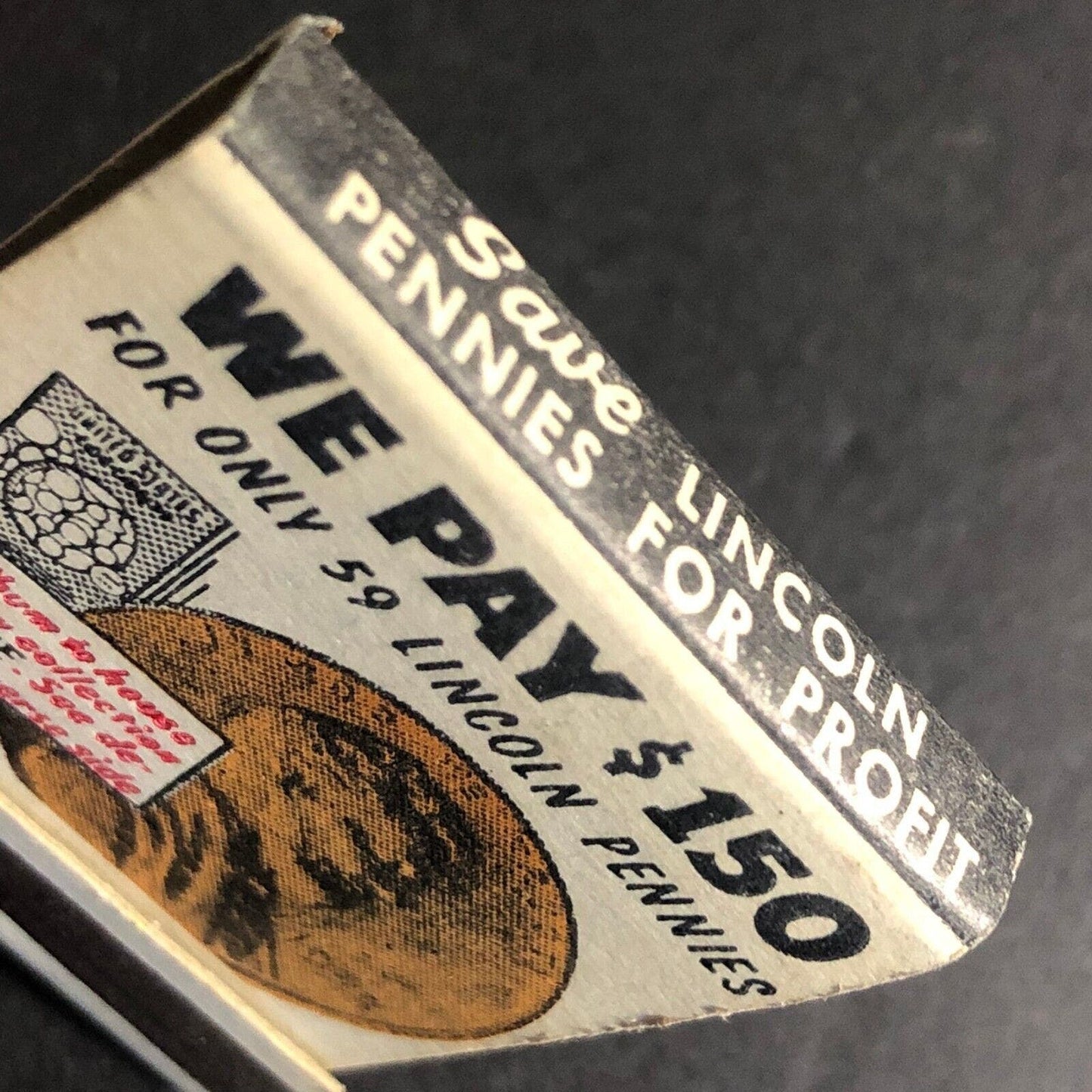 "We Pay $150 for Only 59 Lincoln Pennies" Mail Offer Matchbook c1968-73 VGC