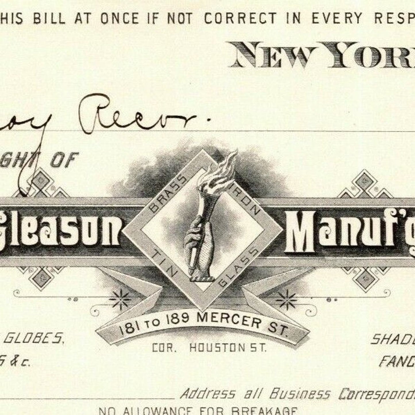 1887 E. P. Gleason Chimneys Globes Shades Billhead Letterhead Mercer St. NYC