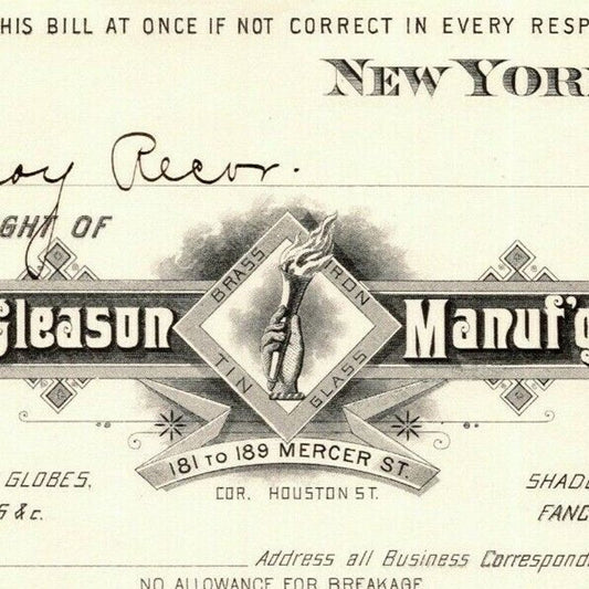 1887 E. P. Gleason Chimneys Globes Shades Billhead Letterhead Mercer St. NYC