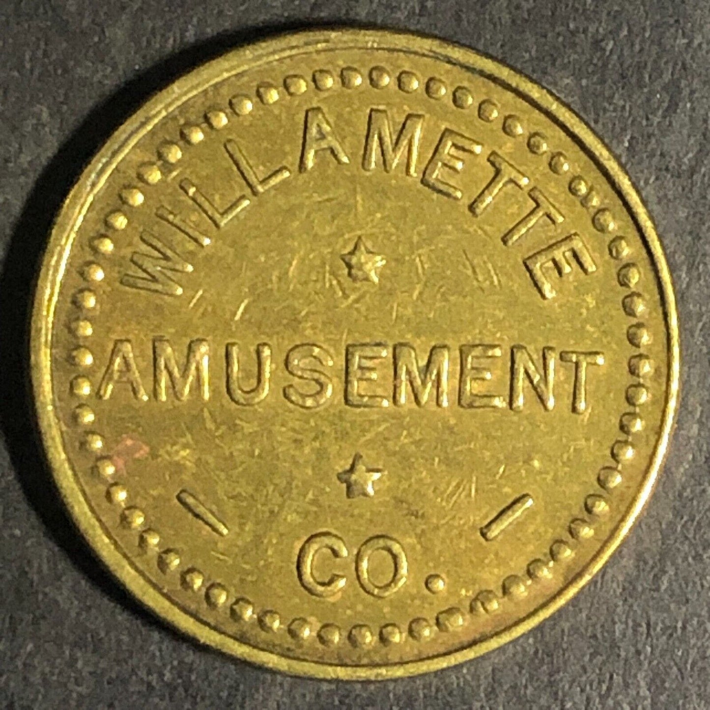 Willamette Amusement Co. "For Amusement Only" Brass Trade Token 20mm