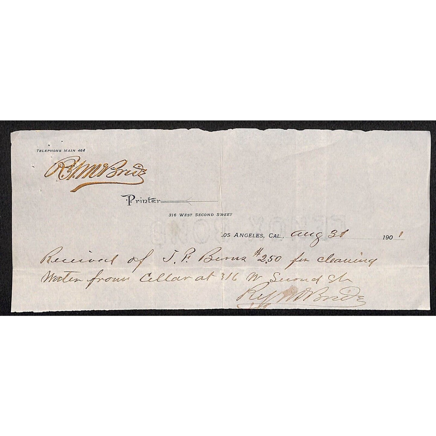 R.Y. McBride Printers 1901 Los Angeles Billhead / Receipt - Embossed w/ Gilt