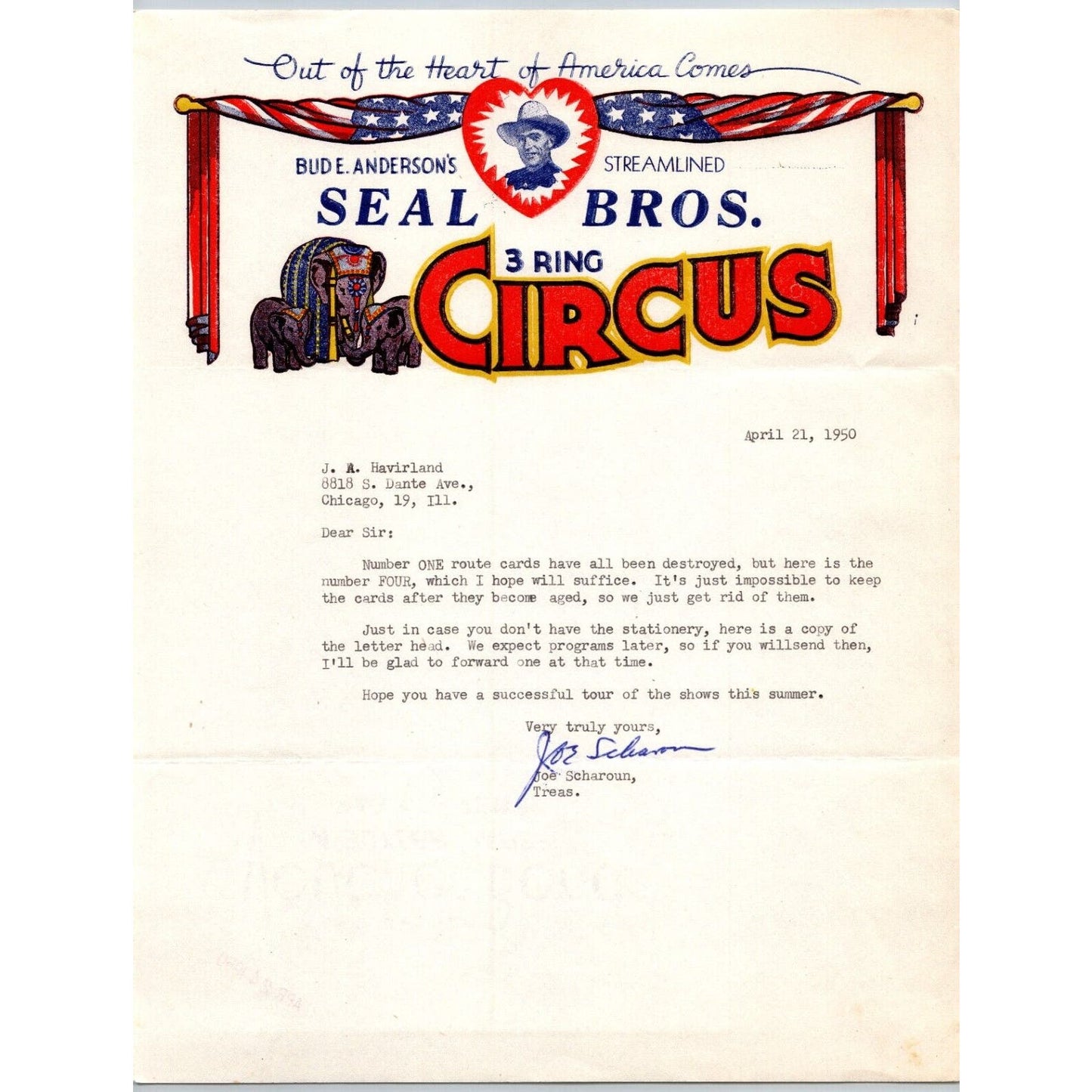 Seal Bros. 3 Ring Circus Letterhead 1950 Bud E. Anderson Elephants Heart Scarce
