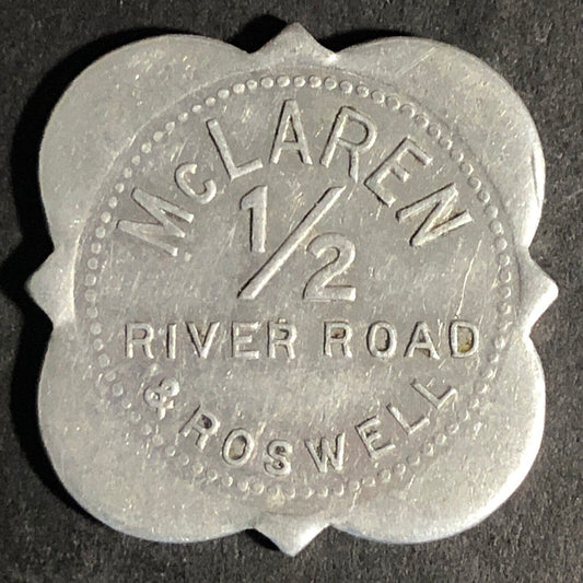 McLaren 1/2 River Road & Roswell (Tonawanda, NY) Scalloped Alum Token 27.8mm