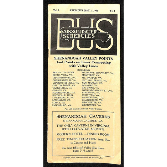 1931 Consolidated Bus Schedules Shenandoah Valley Natural Bridge, VA Scarce 11pp