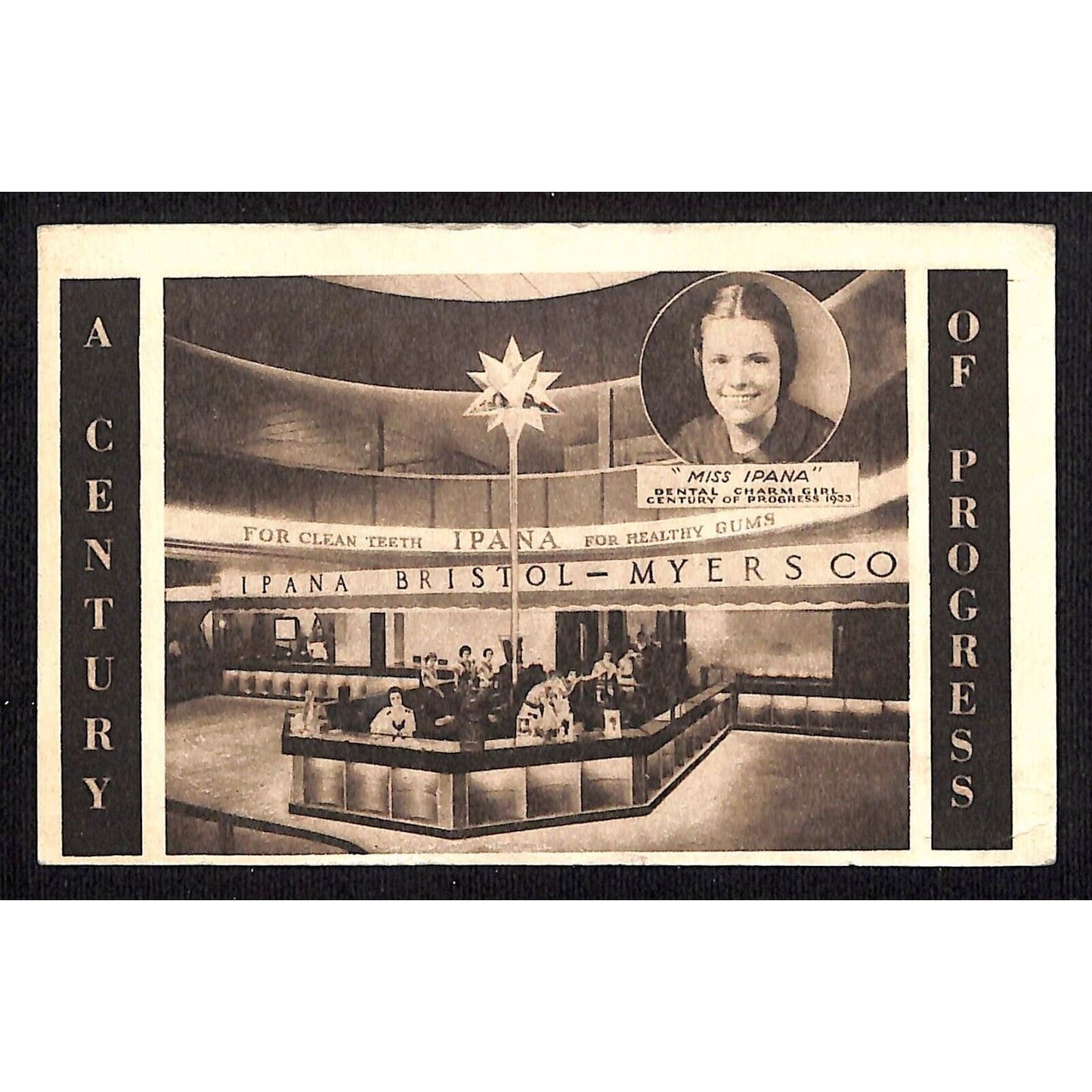 Bristol-Meyers Ipana Exhibit Postcard 1933 Chicago World's Fair Stamp Scarce
