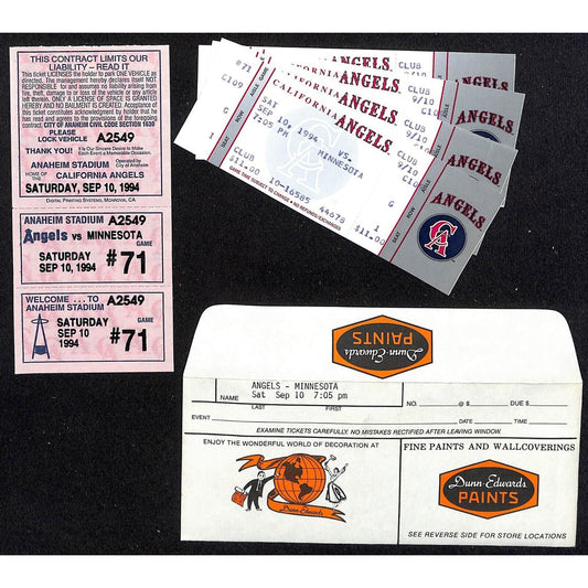 California Angels Tickets - 4 Unused 9/10/94 Strike - Game Not Played