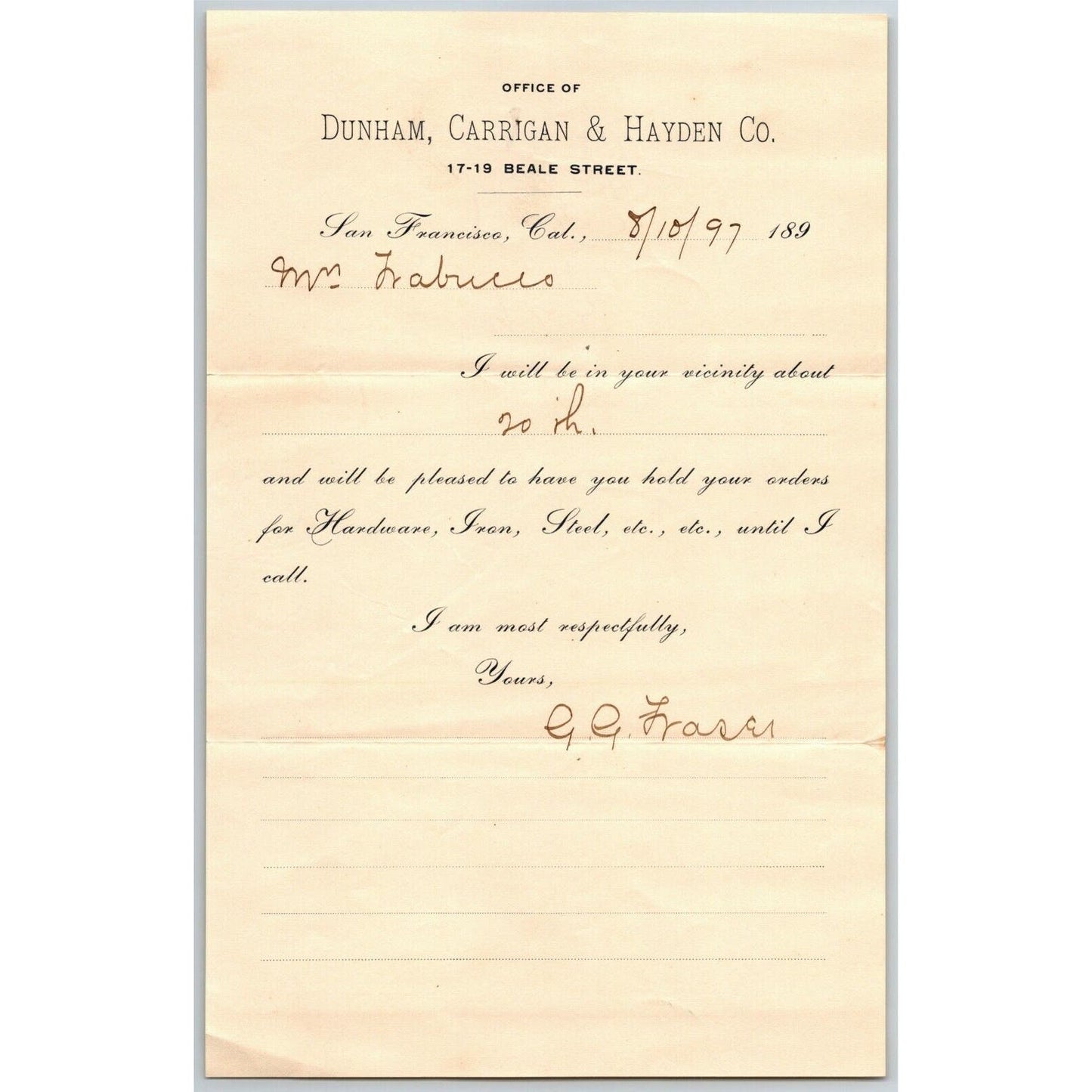 1897 Dunham, Carrigan & Hayden Co. (Hardware & Tools) San Francisco Advance Note