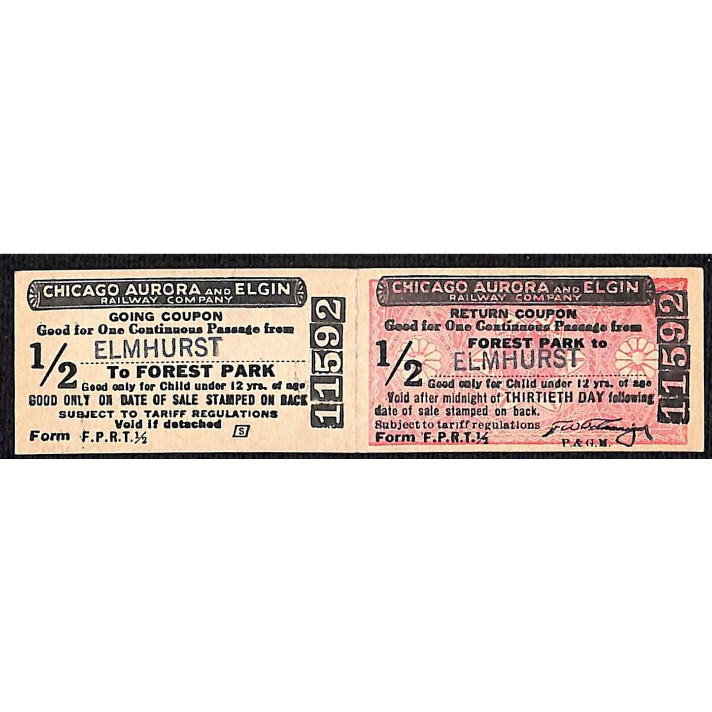 Chicago Aurora and Elgin 1902-57 2-way Attached Tickets Forest Park Elmhurst