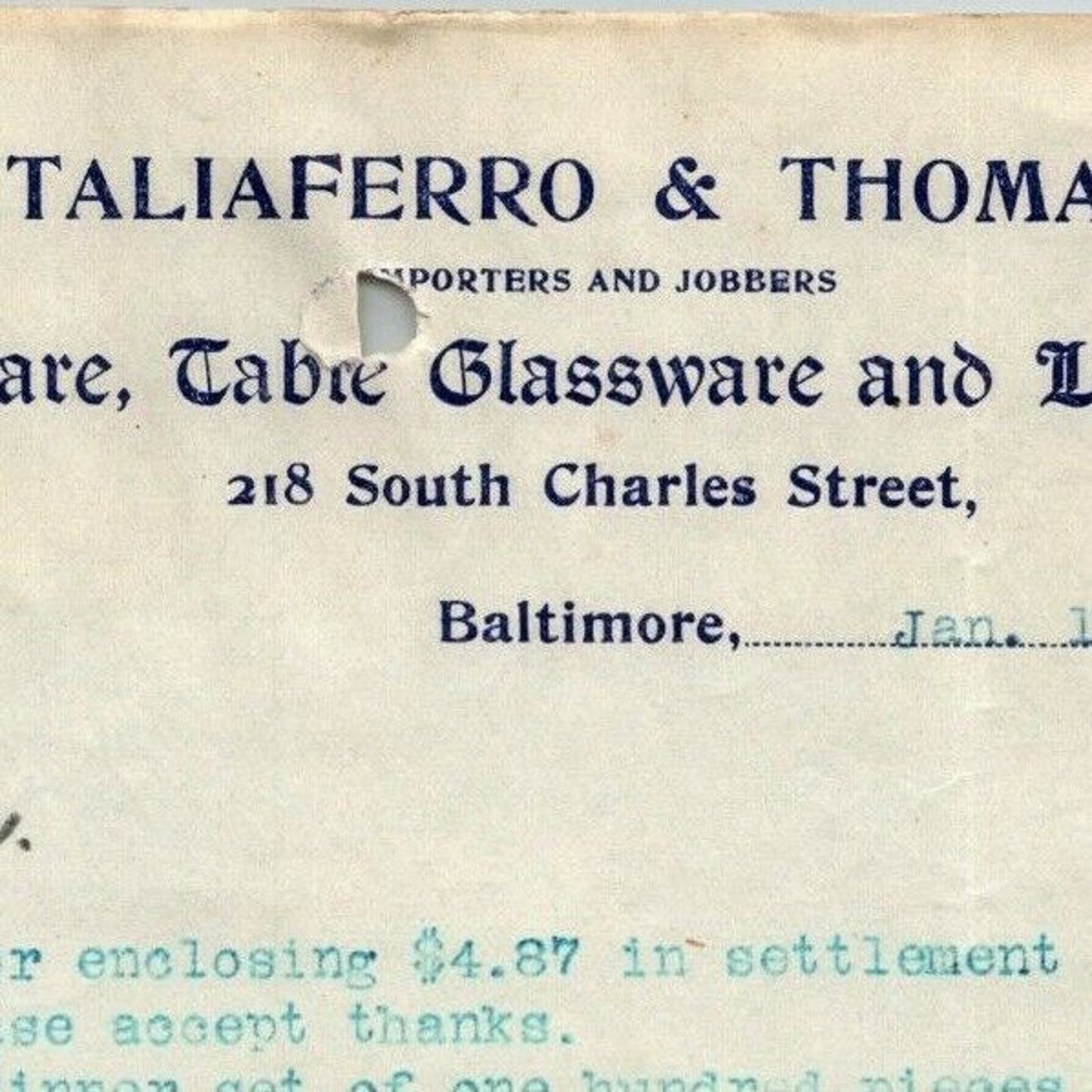 1901 Letterhead Taliaferro & Thomas Queensware Baltimore - Ephraim Baker*