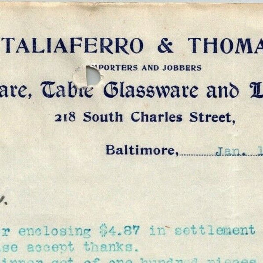 1901 Letterhead Taliaferro & Thomas Queensware Baltimore - Ephraim Baker*