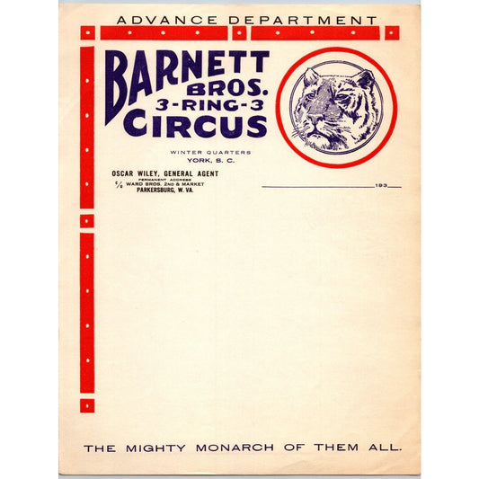 Barnett Bros. 3 Ring Circus Letterhead c1933 "The Mighty Monarch of Them All"
