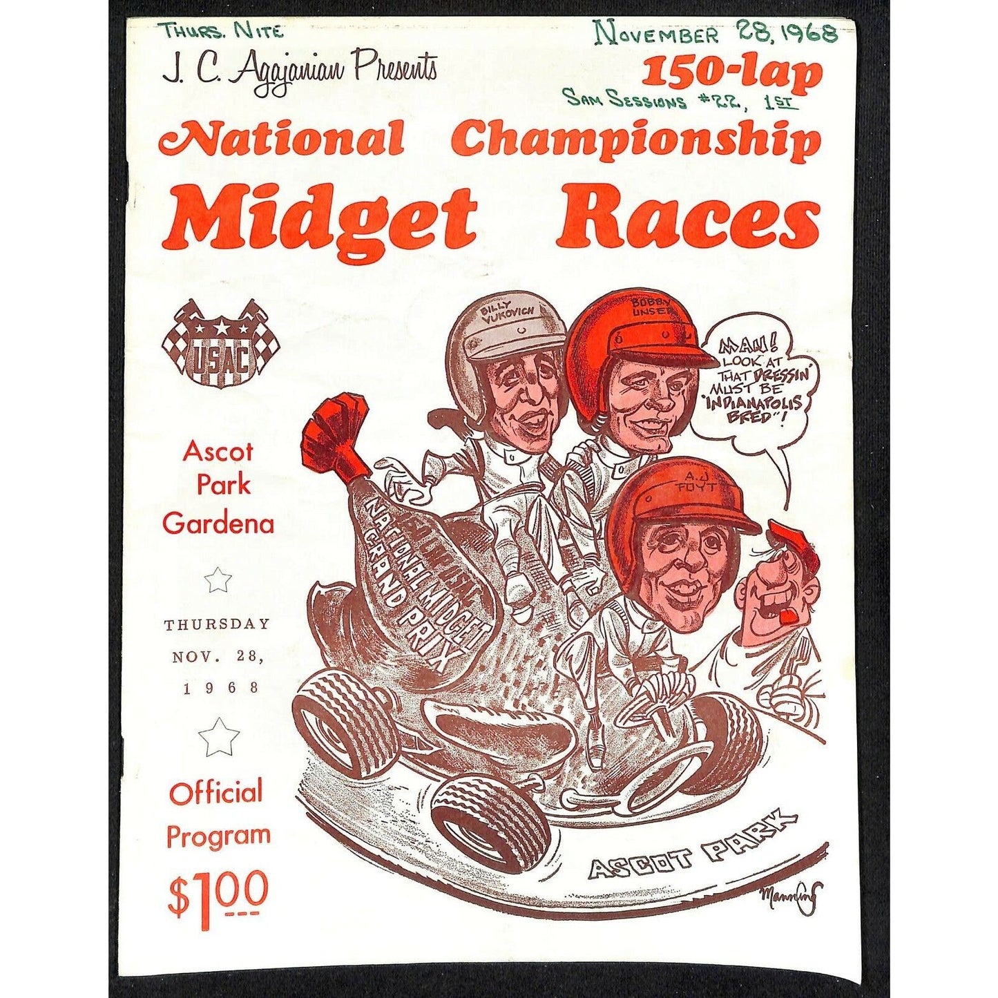 Scarce Nov 28 1968 USAC Midget Races Auto Racing Program Ascot Park Gardena