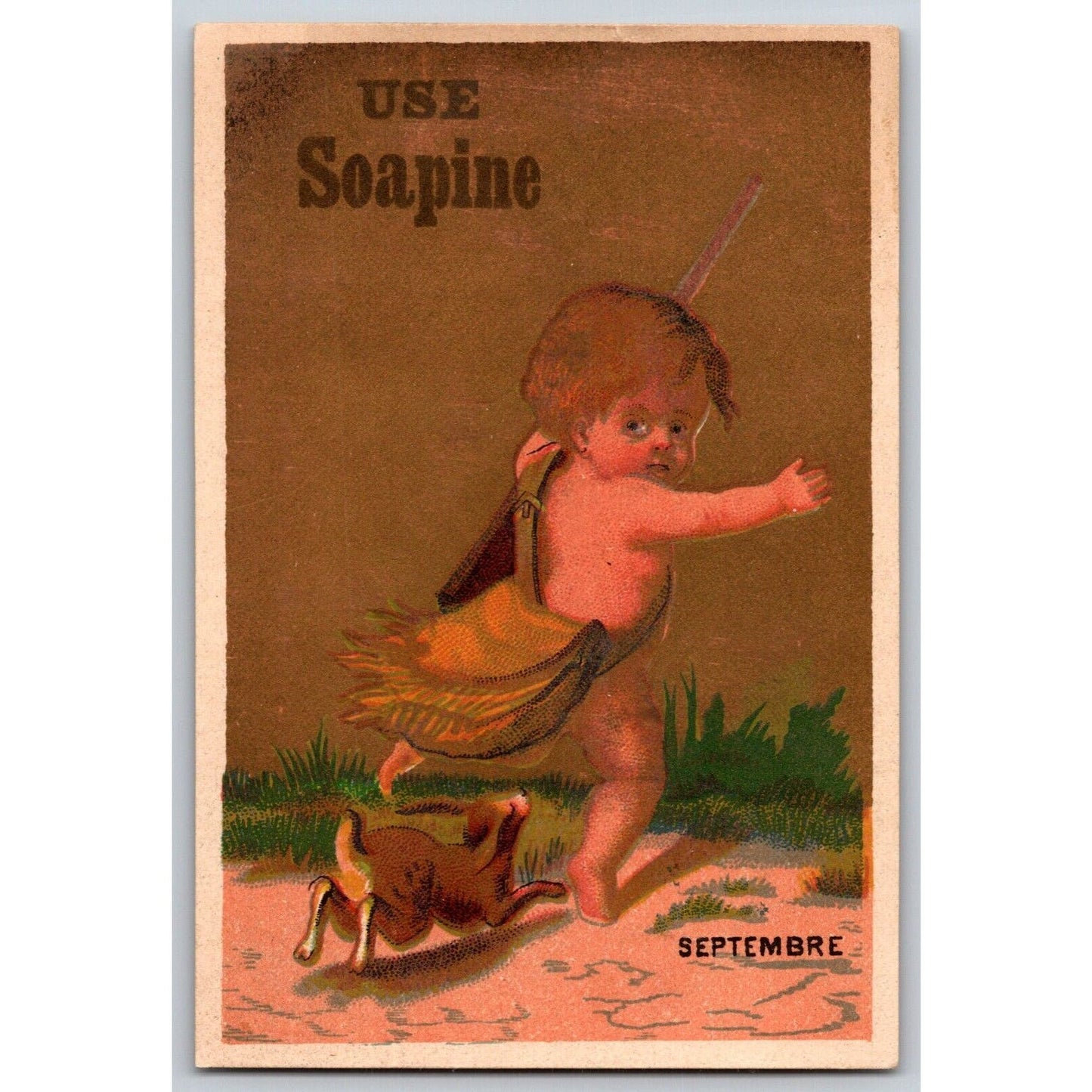 Dog / Rabbit ? Chases Young Child Holding Rifle? Victorian Trade Card Soapine