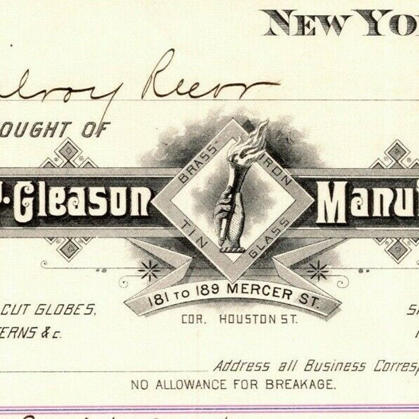 1887 "E. P. Gleason" Cut Glass Globes Billhead Letterhead Mercer St NYC
