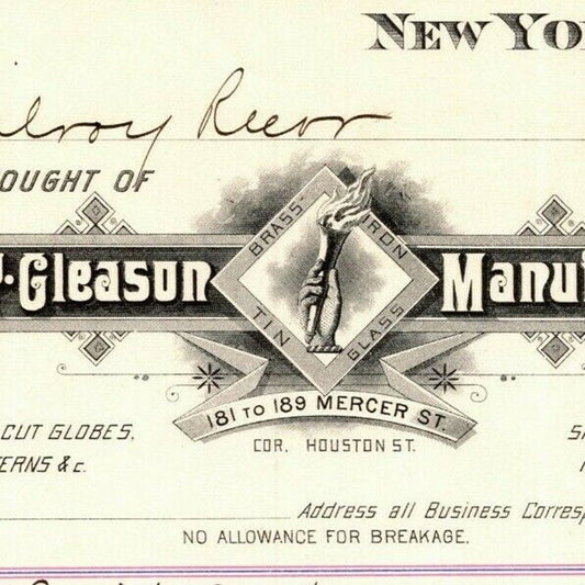 1887 "E. P. Gleason" Cut Glass Globes Billhead Letterhead Mercer St NYC