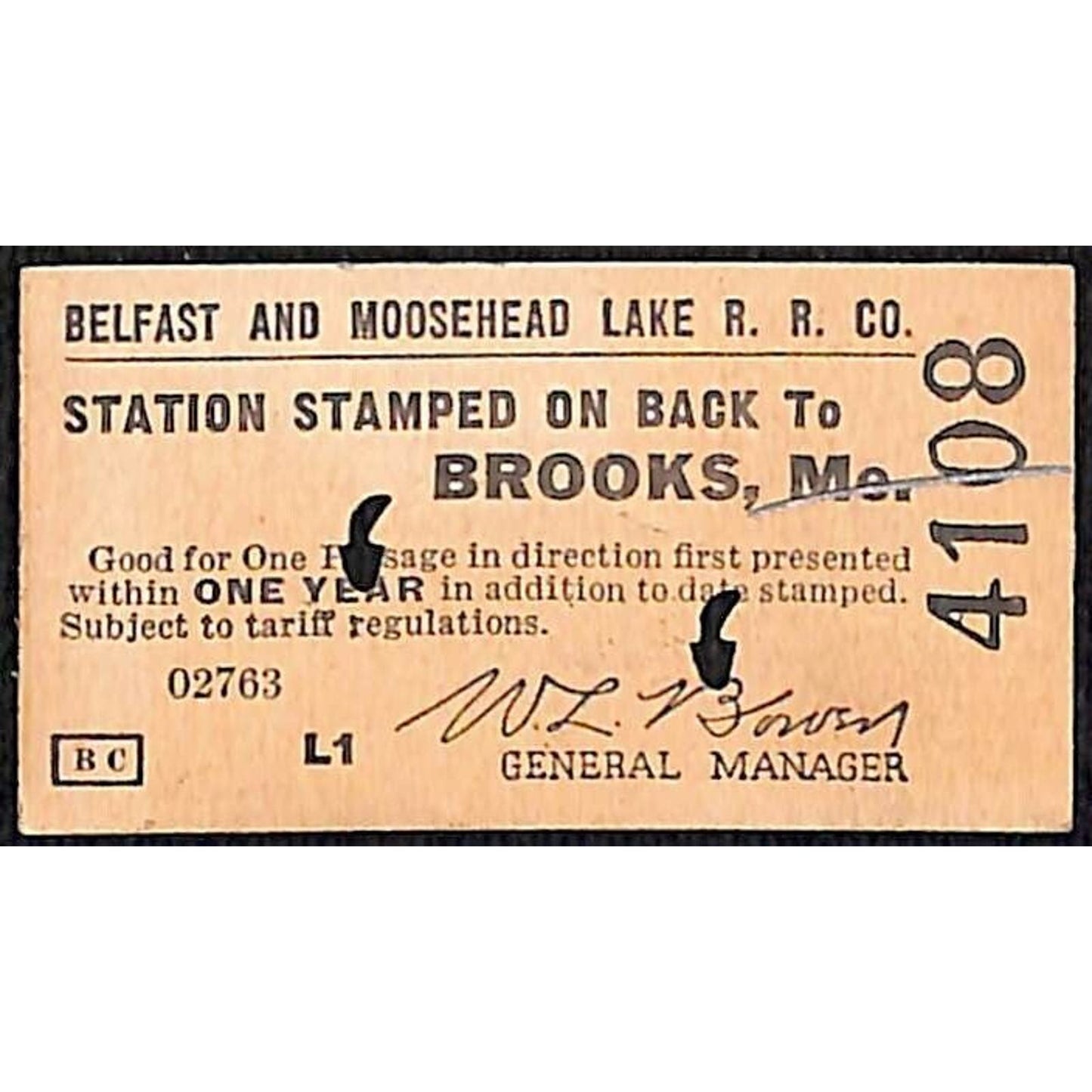 c1940 Belfast and Moosehead Lake Railroad Ticket Brooks, ME 4108
